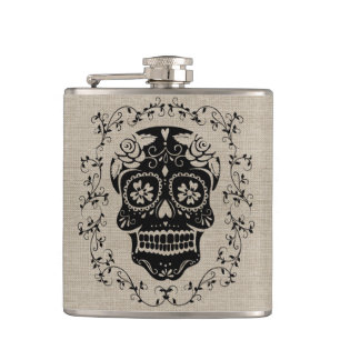 Monogram Hipster Schwarz Zucker-Schädel auf Jute Flachmann