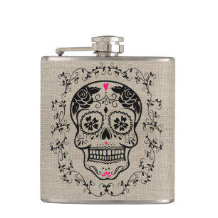 Monogram Hipster Sugar Skull auf Burlap Flachmann