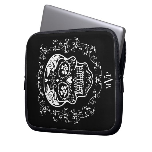 Monogram Hipster White Sugar Skull Laptopschutzhülle (Vorderseite Links)