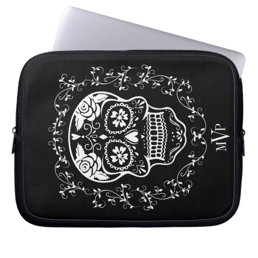 Monogram Hipster White Sugar Skull Laptopschutzhülle (Vorderseite)