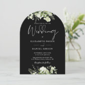 Monogram-Hochzeitsbogen Schwarz-Weiß-Grün Einladung (Stehend Vorderseite)