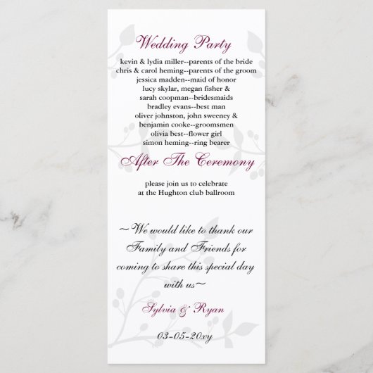 MONOGRAM-Hochzeitsprogramm für Kolibris Programm (Rückseite)