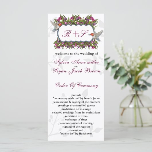 MONOGRAM-Hochzeitsprogramm für Kolibris Programm (Stehend Vorderseite)