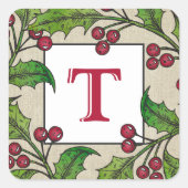 Monogram-Holiday-Aufkleber | Holly Wreath Quadratischer Aufkleber (Vorderseite)