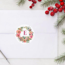 Monogram Holiday Pink Joy Wreath Botanisch Runder Aufkleber