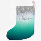 Monogram Holiday Script Name Silver Glitzer Ombre Kleiner Weihnachtsstrumpf (Rückseite)