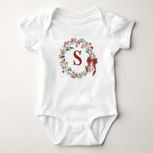 Monogram Holiday Watercolor Floral Bow Wreath Baby Strampler (Vorderseite)