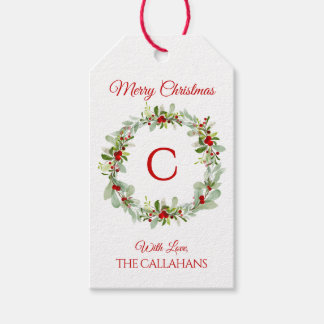 Monogram Holiday Wreath Gift Tag Geschenkanhänger