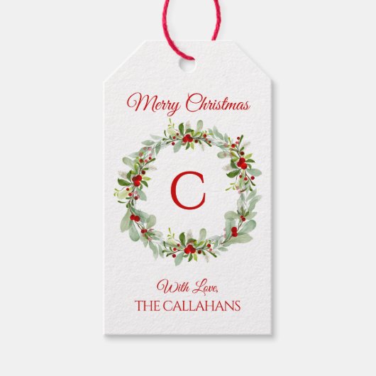 Monogram Holiday Wreath Gift Tag Geschenkanhänger (Vorderseite)