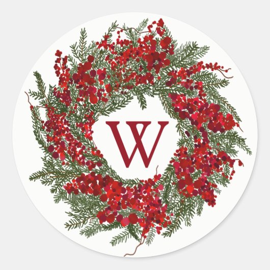 Monogram Holiday Wreath Weihnachtskleber Runder Aufkleber (Vorderseite)