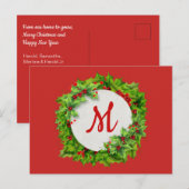 Monogram Holly Berry Wreath Feiertagspostkarte (Vorne/Hinten)