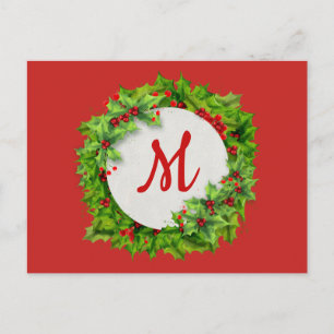 Monogram Holly Berry Wreath Feiertagspostkarte