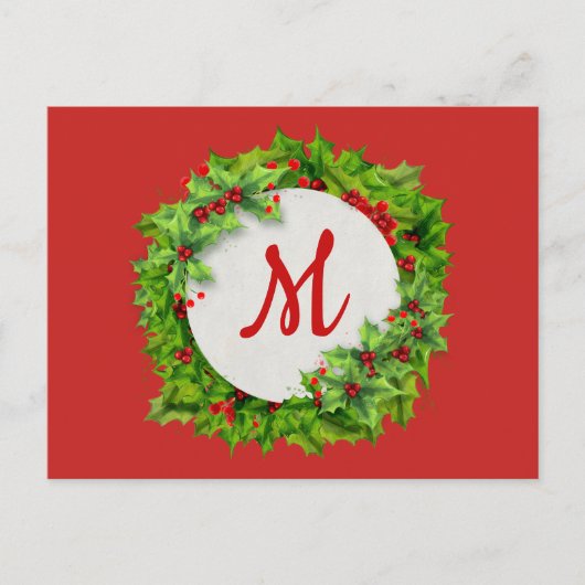 Monogram Holly Berry Wreath Feiertagspostkarte (Vorderseite)