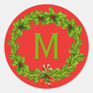 Monogram Holly Berry Wreath Runder Aufkleber