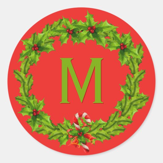 Monogram Holly Berry Wreath Runder Aufkleber (Vorderseite)