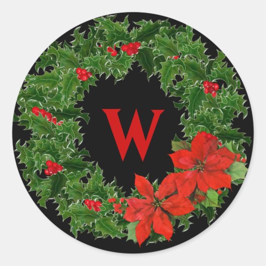 Monogram Holly Wreath Christmas Runder Aufkleber (Vorderseite)