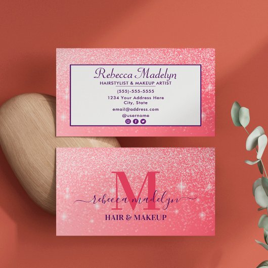 Monogram Holographic Signature Script Pink Glitzer Visitenkarte
