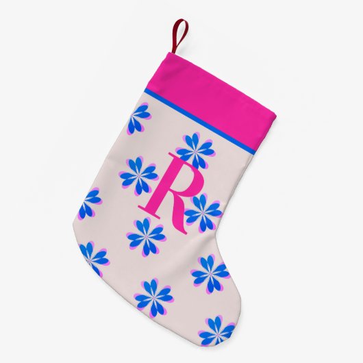 Monogram Hot Pink Blue Retro Blume Weihnachten Kleiner Weihnachtsstrumpf (Vorderansicht (hängend))