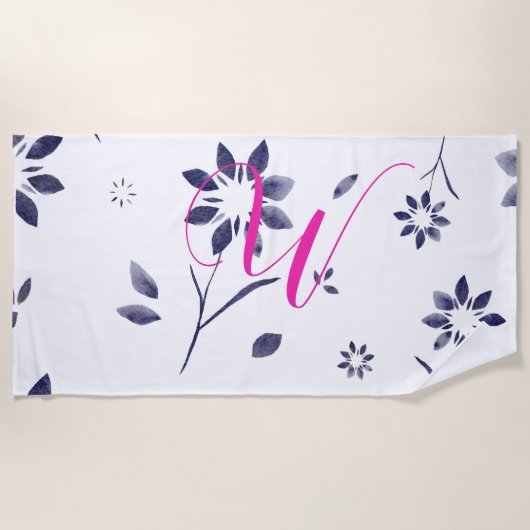 Monogram Hot Pink Blue Watercolor Blume Strandtuch (Vorderseite)