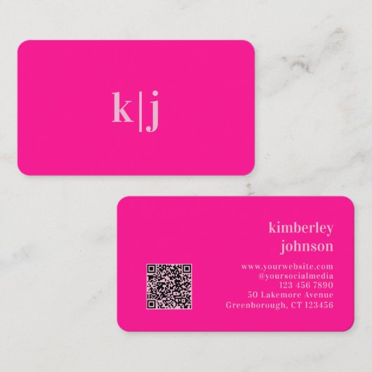 Monogram Hot Pink Einfacher Moderner QR-Code Visitenkarte (Vorne/Hinten)