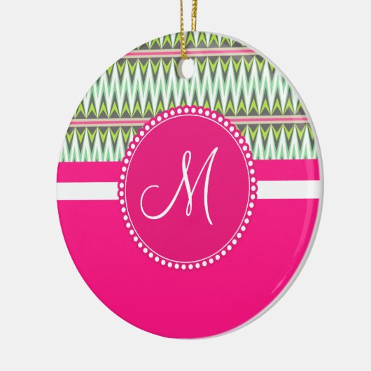 Monogram Hot Pink Green Azdes Tribal Zig Zag Keramikornament (Links)
