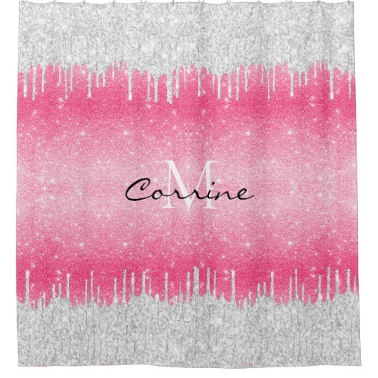 Monogram Hot Pink Ombre Glitzer Silver Icing Tropf Duschvorhang (Vorderseite)