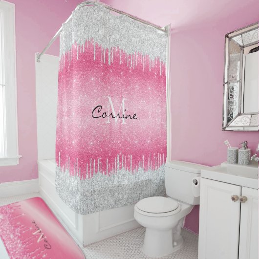 Monogram Hot Pink Ombre Glitzer Silver Icing Tropf Duschvorhang