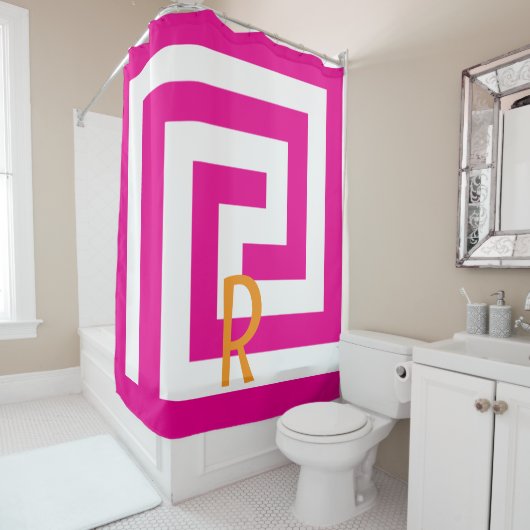 Monogram, Hot Pink Orange, weiße Muster mit griech Duschvorhang (Beispiel)
