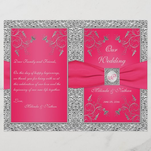 Monogram Hot Pink, Silver Floral Wedding Program (Vorderseite)