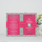 Monogram Hot Pink, Silver Floral Wedding Program (Stehend Vorderseite)