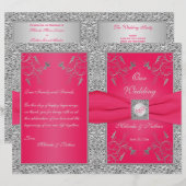 Monogram Hot Pink, Silver Floral Wedding Program (Vorne/Hinten)