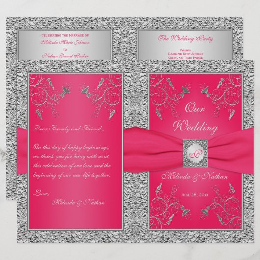 Monogram Hot Pink, Silver Floral Wedding Program (Vorne/Hinten)