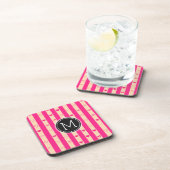 Monogram Hot Pink Stripes Modernes Herzmuster Getränkeuntersetzer (Rechte Seite)
