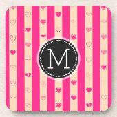 Monogram Hot Pink Stripes Modernes Herzmuster Getränkeuntersetzer (Vorderseite)