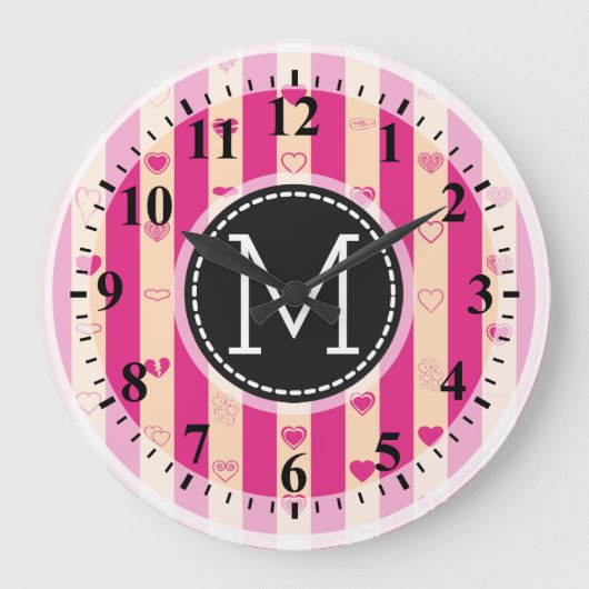 Monogram Hot Pink Stripes Modernes Herzmuster Große Wanduhr (Vorderseite)