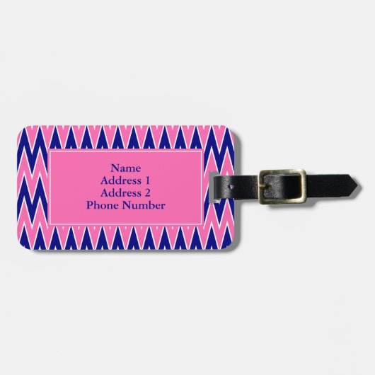 Monogram Hot Pink und Navy Blue Zigzag Muster Gepäckanhänger (Vorderseite horizontal)