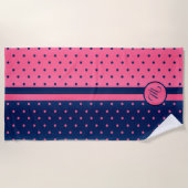 Monogram Hot Pink und Navy Polka Dot Muster Strandtuch (Vorderseite)