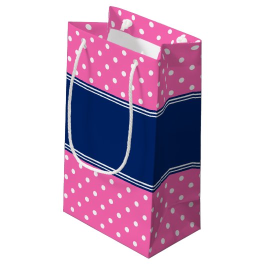 Monogram, Hot Pink, White Polka Dot mit Royal Blue Kleine Geschenktüte (Rückseite Schrägansicht)
