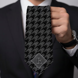 Monogram Houndstooth Pattern Black & Grey Wood Krawatte