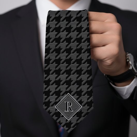 Monogram Houndstooth Pattern Black & Grey Wood Krawatte