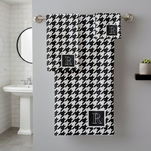 Monogram Houndstooth Pattern Black & White Badhandtuch Set