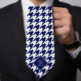 Monogram Houndstooth Pattern White & Blue Wood Krawatte