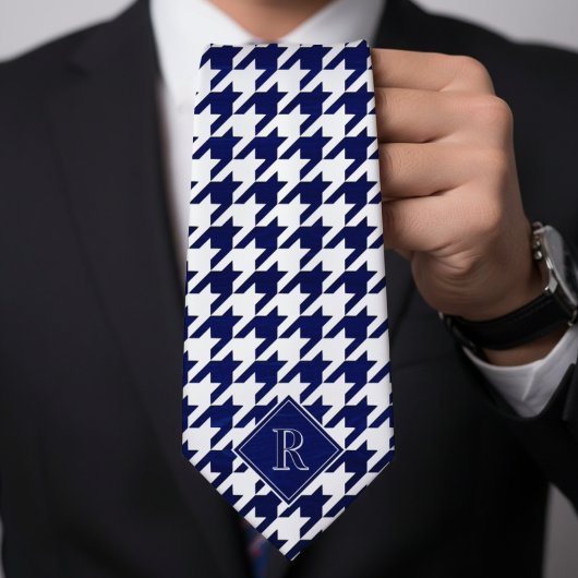 Monogram Houndstooth Pattern White & Blue Wood Krawatte