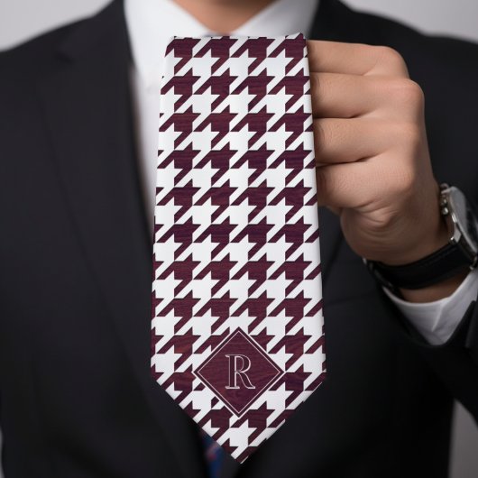 Monogram Houndstooth Pattern White & Burgundy Wood Krawatte