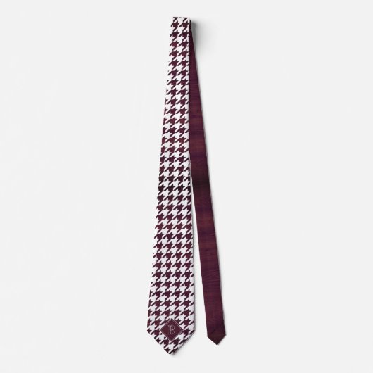 Monogram Houndstooth Pattern White & Burgundy Wood Krawatte (Vorderseite)