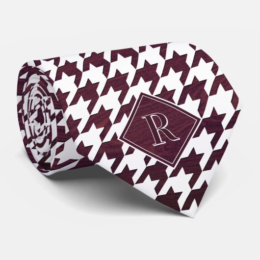 Monogram Houndstooth Pattern White & Burgundy Wood Krawatte (Gerollt)