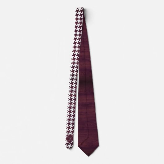 Monogram Houndstooth Pattern White & Burgundy Wood Krawatte (Rückseite)