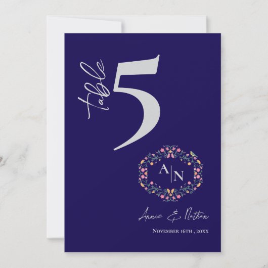 Monogram Hübsch Floral Frame Wedding Tischnummer (Vorderseite)