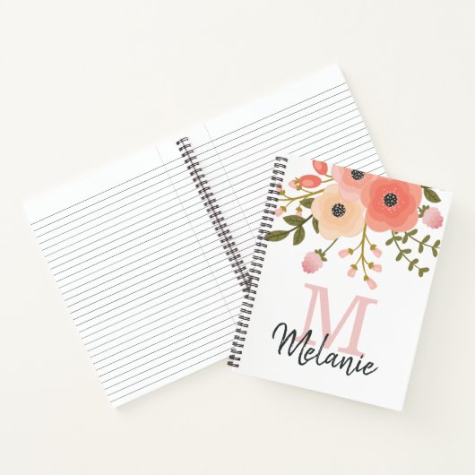 Monogram Hübsch rosa Blumengrün Notebook Notizblock (Innenseite)