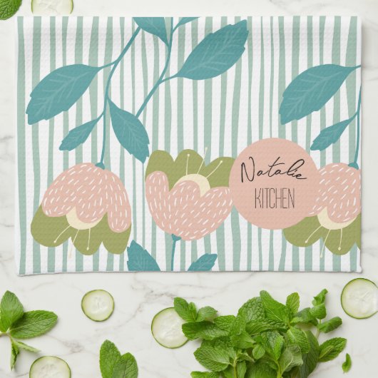 Monogram hübsch stylish Script Retro floralblau Geschirrtuch (Gefaltet)